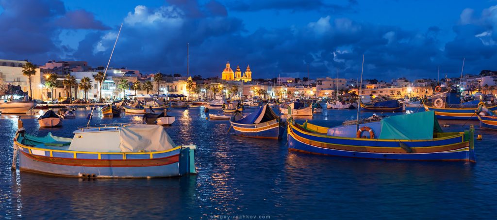Panorama of night Masaxlokk, Malta
